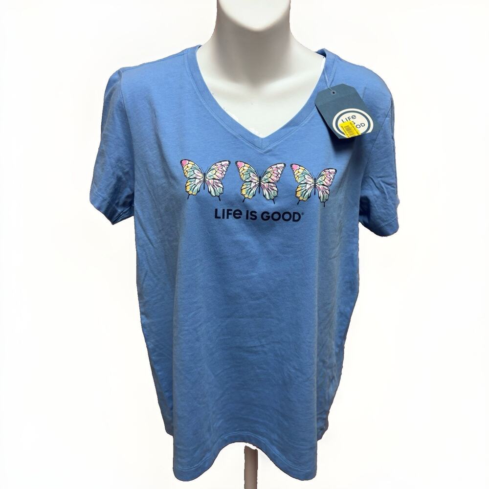 Life is Good NWT Womens Medium Blue Butterfly Graphic V Neck Tee Shirt